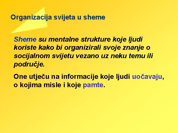 Organizacija svijeta u sheme Sheme su mentalne strukture koje ljudi koriste kako bi organizirali