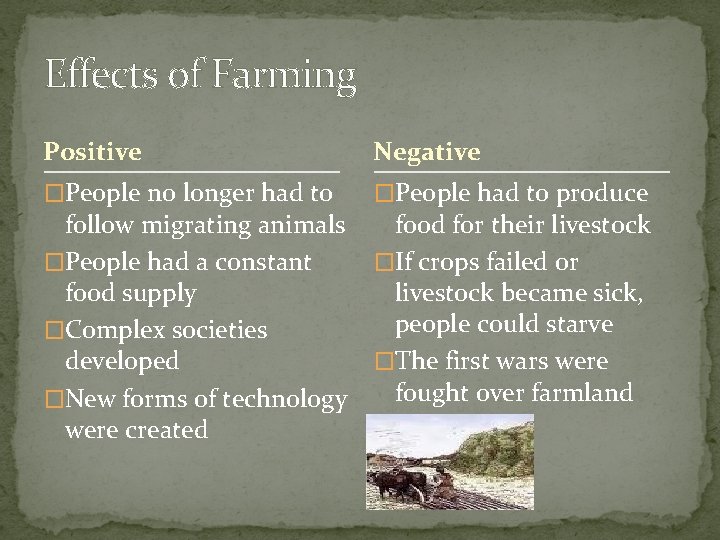 Effects of Farming Positive Negative �People no longer had to �People had to produce