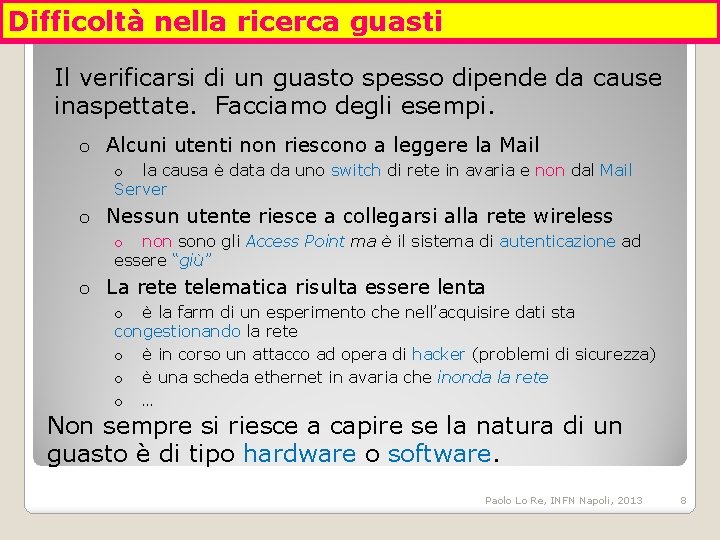 Difficoltà nella ricerca guasti Il verificarsi di un guasto spesso dipende da cause inaspettate.