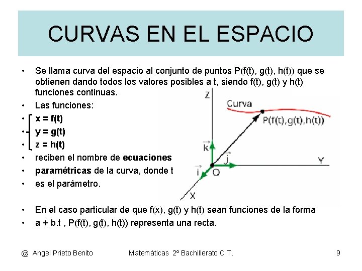 CURVAS EN EL ESPACIO • • Se llama curva del espacio al conjunto de