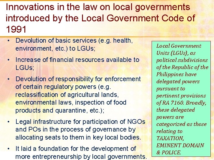 Innovations in the law on local governments introduced by the Local Government Code of