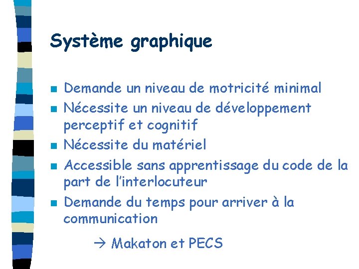 Système graphique n n n Demande un niveau de motricité minimal Nécessite un niveau