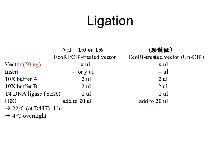 Ligation V: I = 1: 0 or 1: 6 Eco. RI/CIP-treated vector Vector (50