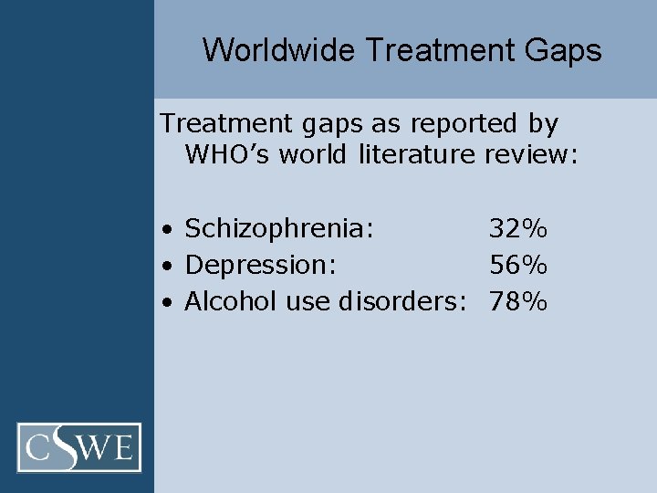 Worldwide Treatment Gaps Treatment gaps as reported by WHO’s world literature review: • Schizophrenia: