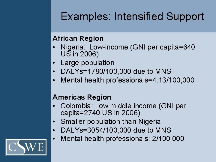 Examples: Intensified Support African Region • Nigeria: Low-income (GNI per capita=640 US in 2006)