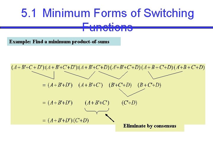 5. 1 Minimum Forms of Switching Functions Example: Find a minimum product-of-sums Eliminate by