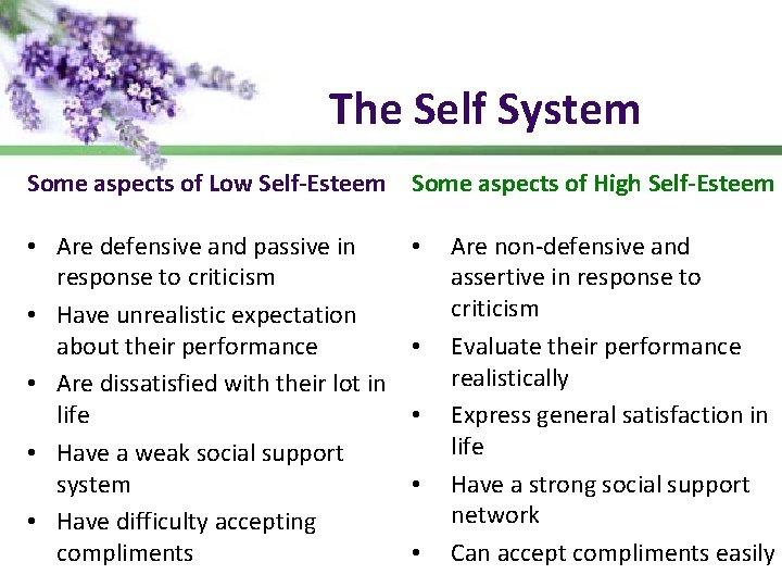 The Self System Some aspects of Low Self-Esteem Some aspects of High Self-Esteem •