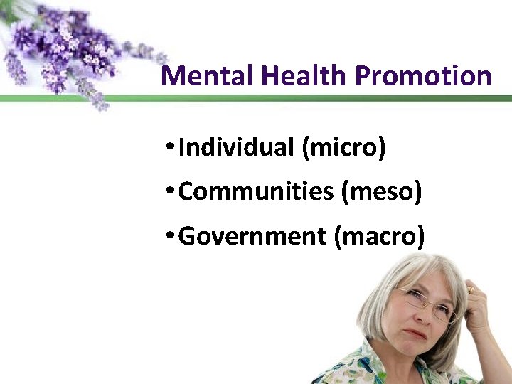 Mental Health Promotion • Individual (micro) • Communities (meso) • Government (macro) 