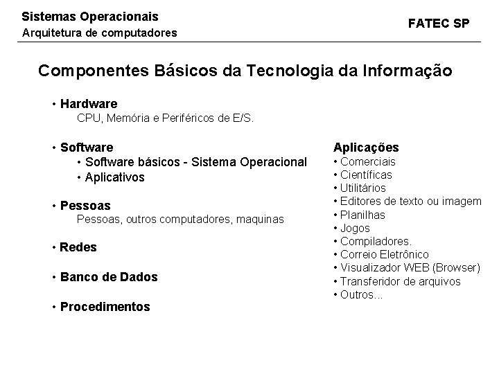 Sistemas Operacionais FATEC SP Arquitetura de computadores Componentes Básicos da Tecnologia da Informação •