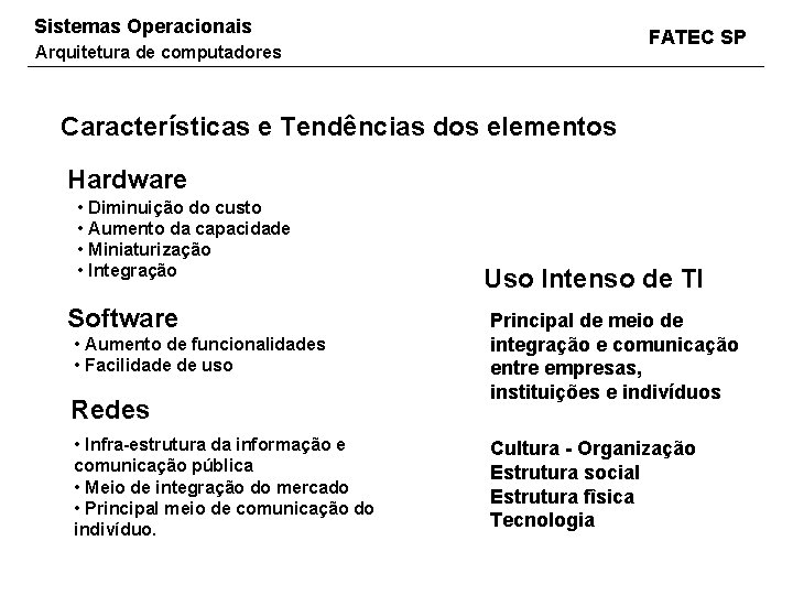 Sistemas Operacionais FATEC SP Arquitetura de computadores Características e Tendências dos elementos Hardware •