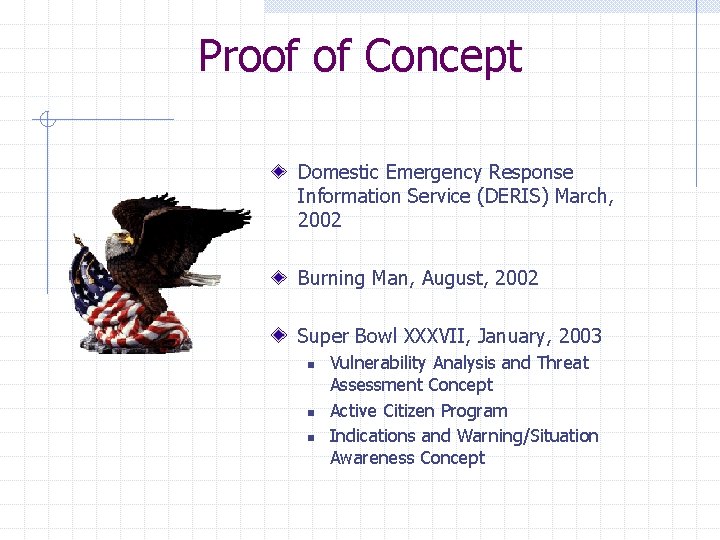 Proof of Concept Domestic Emergency Response Information Service (DERIS) March, 2002 Burning Man, August,