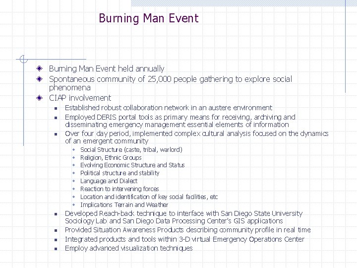 Burning Man Event held annually Spontaneous community of 25, 000 people gathering to explore