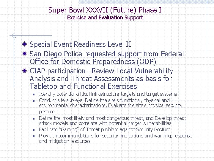 Super Bowl XXXVII (Future) Phase I Exercise and Evaluation Support Special Event Readiness Level