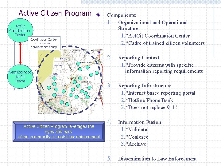 Active Citizen Program Act. Cit Coordination Center is not a law enforcement entity Neighborhood