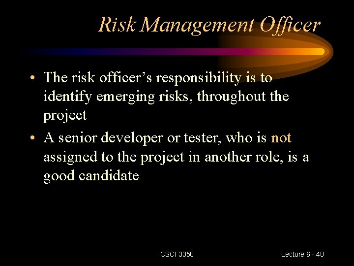 Risk Management Officer • The risk officer’s responsibility is to identify emerging risks, throughout Risk Management Officer • The risk officer’s responsibility is to identify emerging risks, throughout
