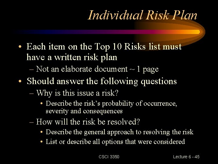 Individual Risk Plan • Each item on the Top 10 Risks list must have Individual Risk Plan • Each item on the Top 10 Risks list must have