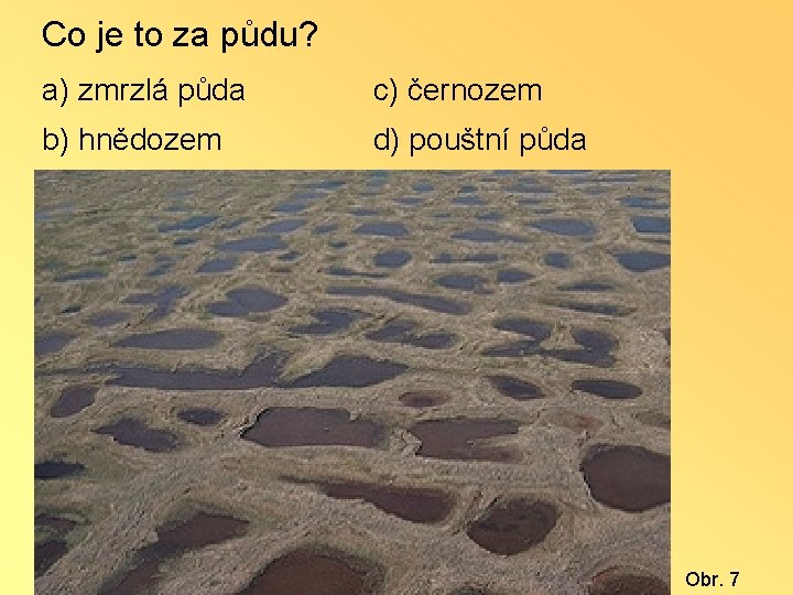 Co je to za půdu? a) zmrzlá půda c) černozem b) hnědozem d) pouštní