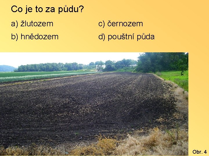 Co je to za půdu? a) žlutozem c) černozem b) hnědozem d) pouštní půda