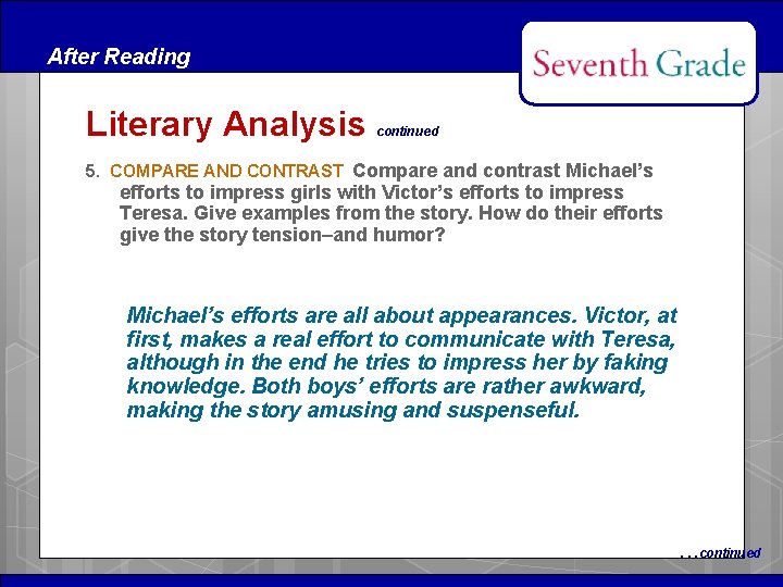 After Reading Literary Analysis continued 5. COMPARE AND CONTRAST Compare and contrast Michael’s efforts