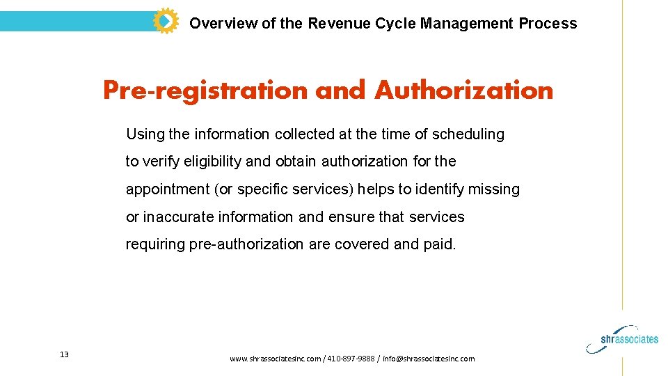 Overview of the Revenue Cycle Management Process Pre-registration and Authorization Using the information collected