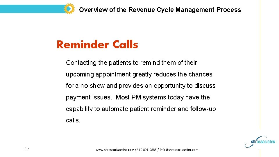 Overview of the Revenue Cycle Management Process Reminder Calls Contacting the patients to remind