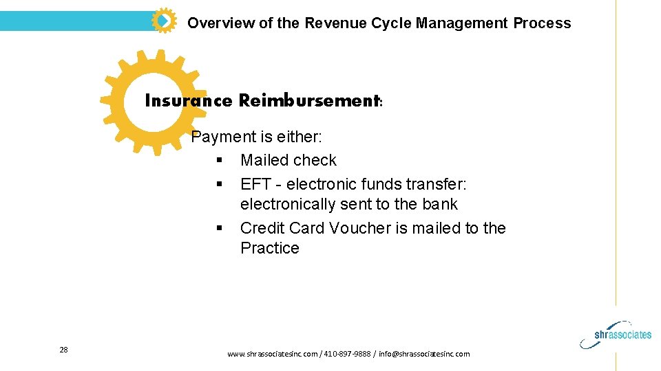 Overview of the Revenue Cycle Management Process Insurance Reimbursement: Payment is either: § Mailed