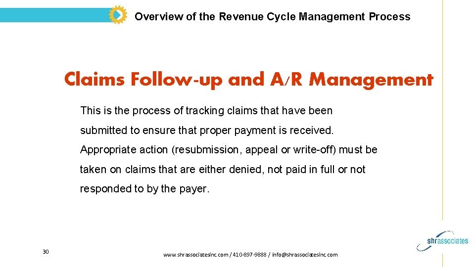 Overview of the Revenue Cycle Management Process Claims Follow-up and A/R Management This is