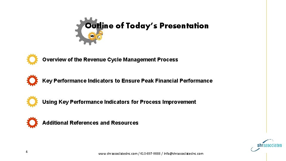 Outline of Today’s Presentation Overview of the Revenue Cycle Management Process Key Performance Indicators