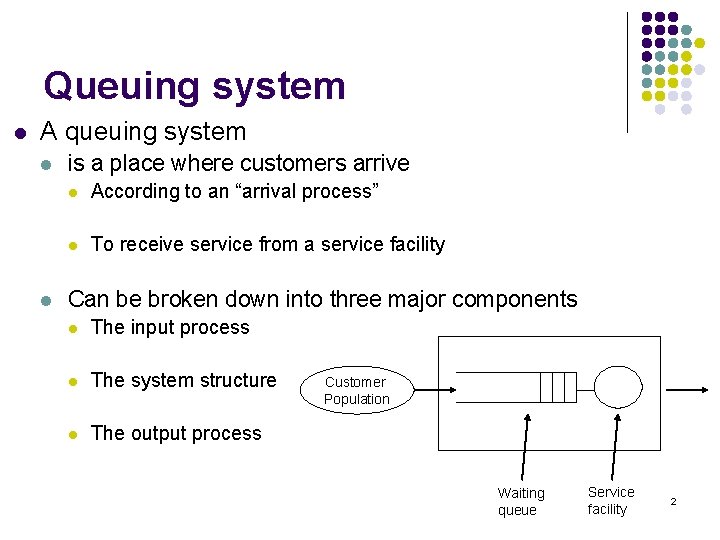 Queuing system l A queuing system l l is a place where customers arrive