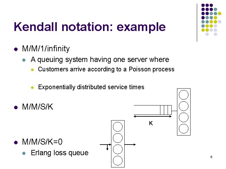 Kendall notation: example l M/M/1/infinity l l A queuing system having one server where