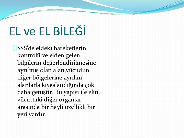 EL ve EL BİLEĞİ �SSS’de eldeki hareketlerin kontrolü ve elden gelen bilgilerin değerlendirilmesine ayrılmış