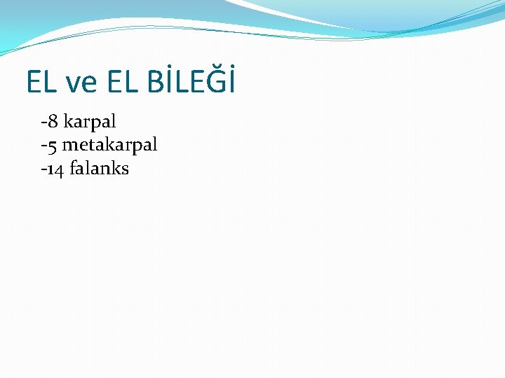 EL ve EL BİLEĞİ -8 karpal -5 metakarpal -14 falanks 