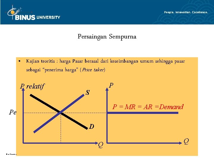 Persaingan Sempurna • Kajian teoritis : harga Pasar berasal dari keseimbangan umum sehingga pasar