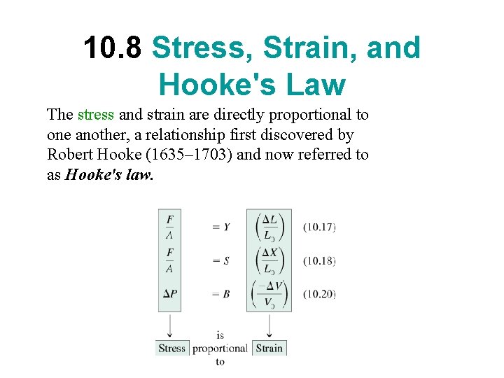 10. 8 Stress, Strain, and Hooke's Law The stress and strain are directly proportional 10. 8 Stress, Strain, and Hooke's Law The stress and strain are directly proportional