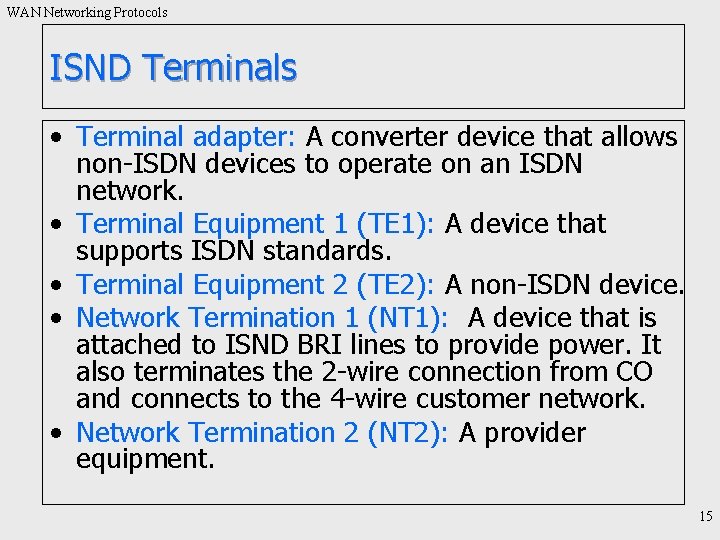 WAN Networking Protocols ISND Terminals • Terminal adapter: A converter device that allows non-ISDN