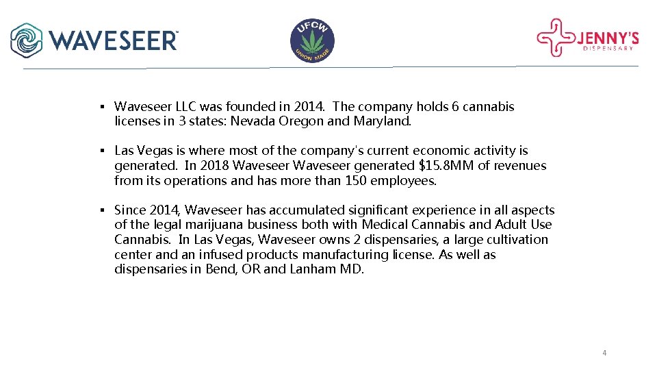 § Waveseer LLC was founded in 2014. The company holds 6 cannabis licenses in § Waveseer LLC was founded in 2014. The company holds 6 cannabis licenses in