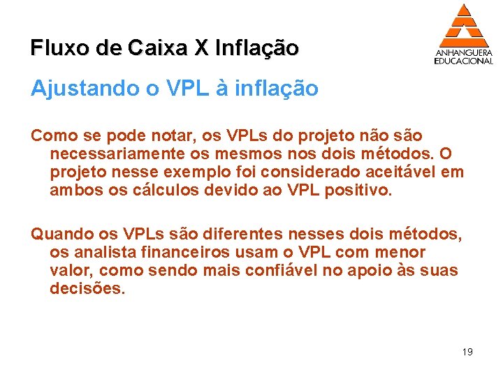 Fluxo de Caixa X Inflação Ajustando o VPL à inflação Como se pode notar,