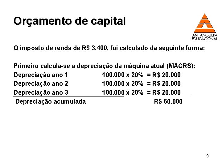 Orçamento de capital O imposto de renda de R$ 3. 400, foi calculado da