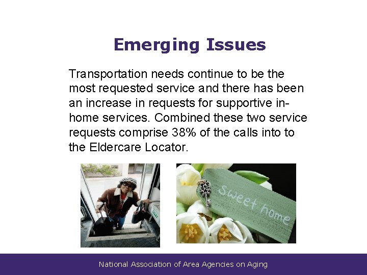 Emerging Issues Transportation needs continue to be the most requested service and there has