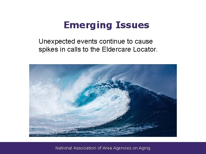 Emerging Issues Unexpected events continue to cause spikes in calls to the Eldercare Locator.