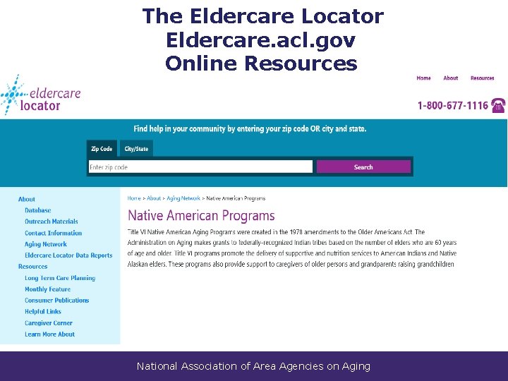 The Eldercare Locator Eldercare. acl. gov Online Resources National Association of Area Agencies on