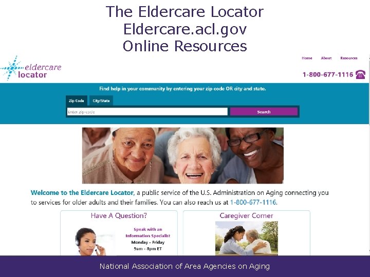 The Eldercare Locator Eldercare. acl. gov Online Resources National Association of Area Agencies on