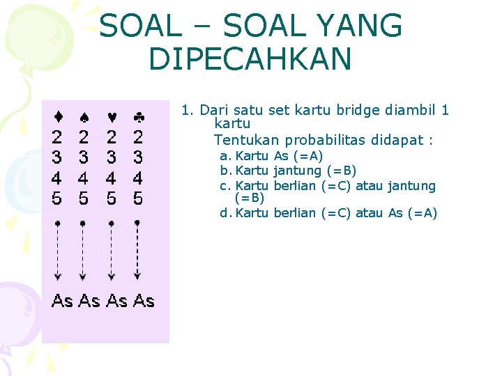 SOAL – SOAL YANG DIPECAHKAN 1. Dari satu set kartu bridge diambil 1 kartu