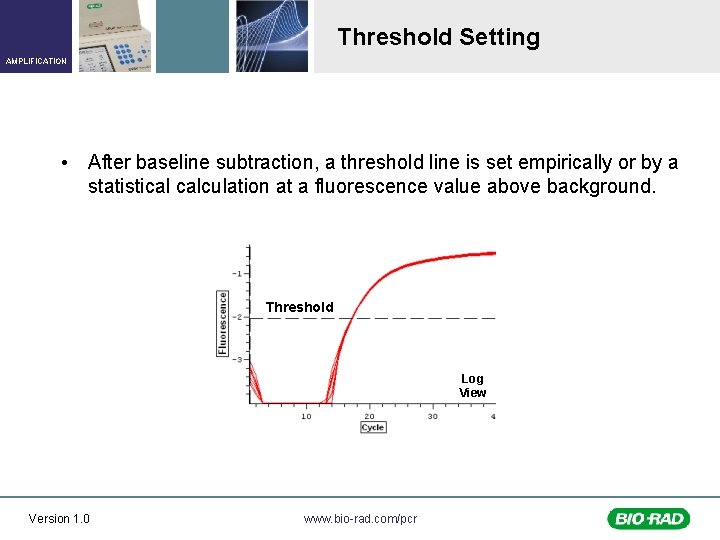 Threshold Setting AMPLIFICATION • After baseline subtraction, a threshold line is set empirically or