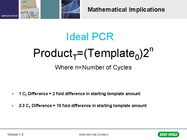 Mathematical Implications AMPLIFICATION Ideal PCR Product. T=(Template 0)2 Where n=Number of Cycles • 1
