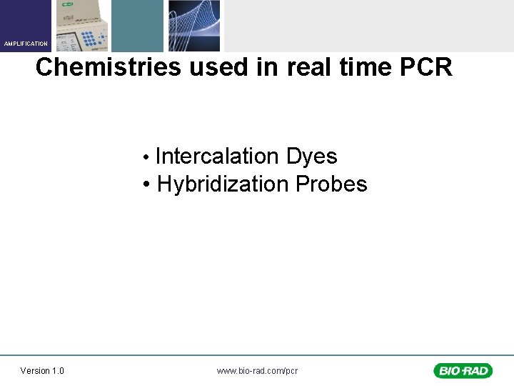 AMPLIFICATION Chemistries used in real time PCR • Intercalation Dyes • Hybridization Probes Version