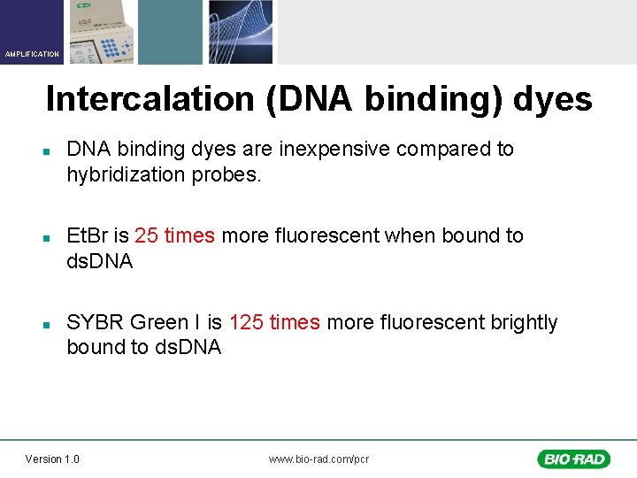 AMPLIFICATION Intercalation (DNA binding) dyes n n n DNA binding dyes are inexpensive compared