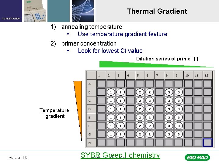 Thermal Gradient AMPLIFICATION 1) annealing temperature • Use temperature gradient feature 2) primer concentration