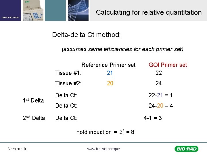 Calculating for relative quantitation AMPLIFICATION Delta-delta Ct method: (assumes same efficiencies for each primer