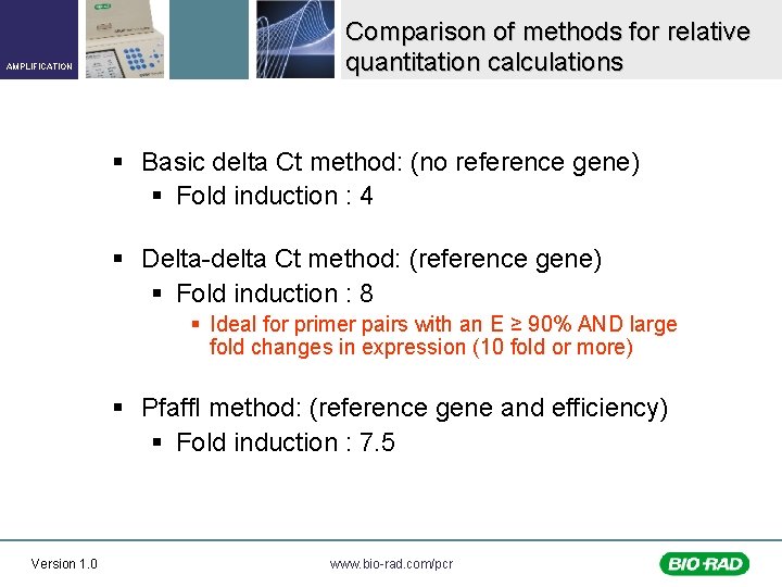 AMPLIFICATION Comparison of methods for relative quantitation calculations § Basic delta Ct method: (no